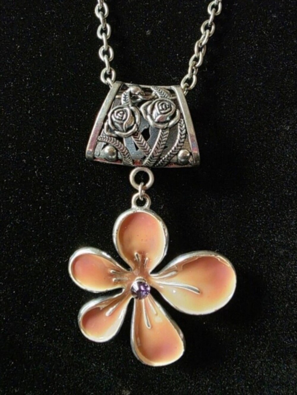 Silver-Tone Pink Enamel Flower Pendant Necklace Floral Statement Necklace